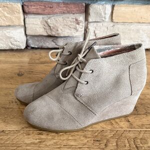 Toms Taupe Suede Lace-Up Wedge Booties